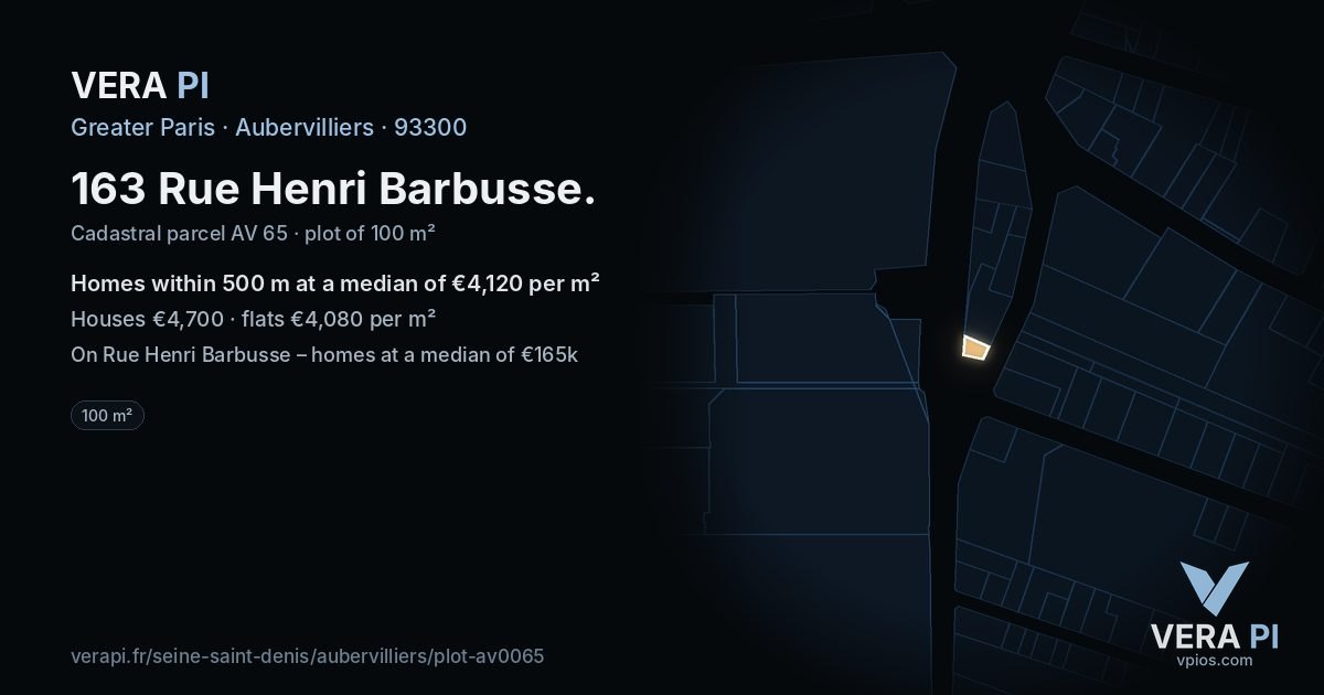 163 Rue Henri Barbusse, Aubervilliers at night – the plot lit, the parcels around coloured by the prices near them