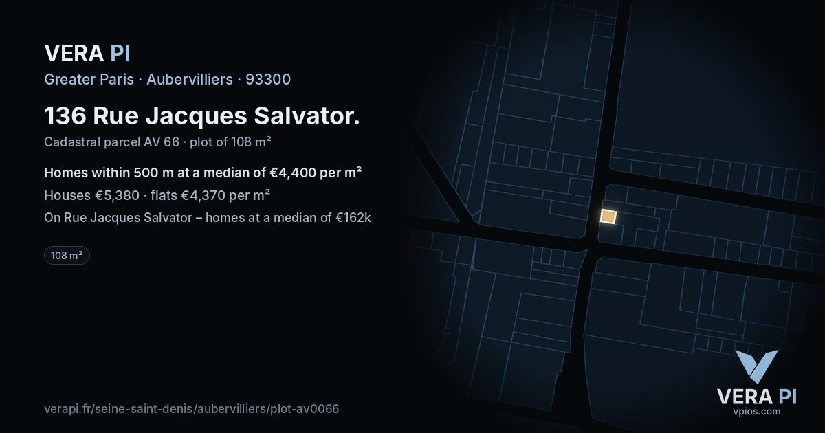 136 Rue Jacques Salvator, Aubervilliers at night – the plot lit, the parcels around coloured by the prices near them