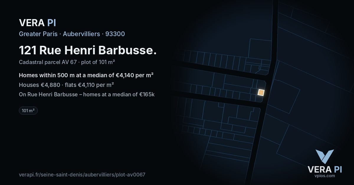 121 Rue Henri Barbusse, Aubervilliers at night – the plot lit, the parcels around coloured by the prices near them