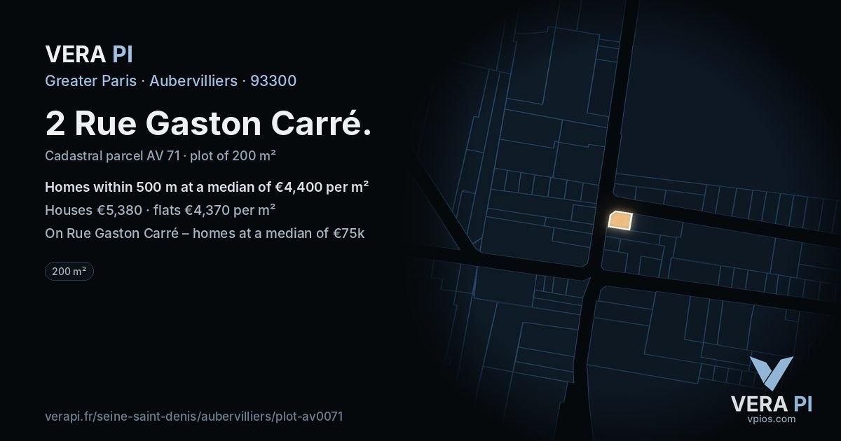 2 Rue Gaston Carré, Aubervilliers at night – the plot lit, the parcels around coloured by the prices near them