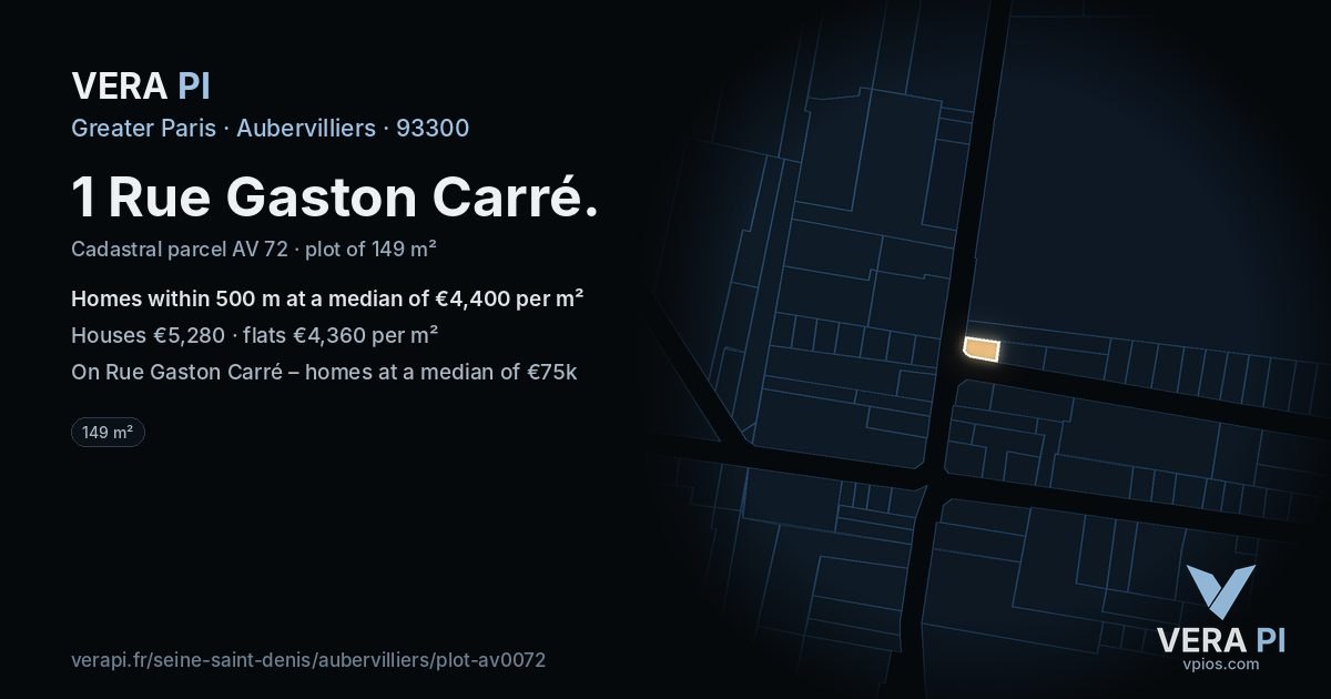 1 Rue Gaston Carré, Aubervilliers at night – the plot lit, the parcels around coloured by the prices near them
