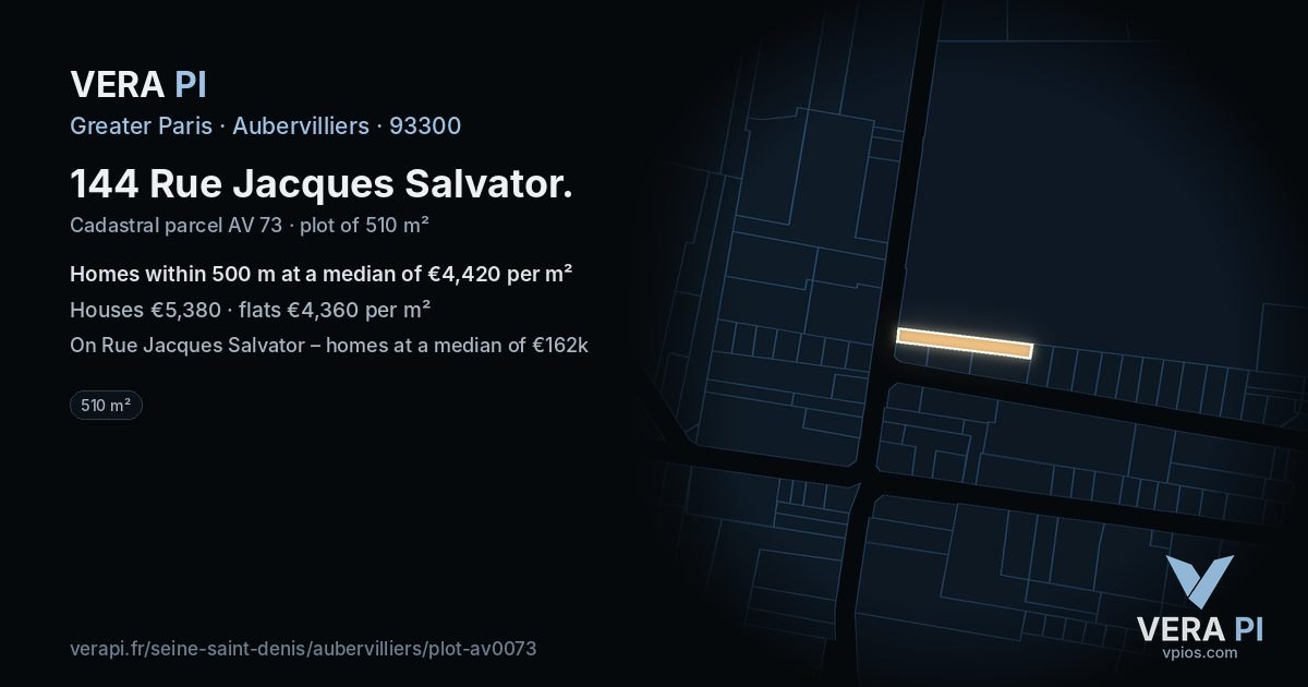 144 Rue Jacques Salvator, Aubervilliers at night – the plot lit, the parcels around coloured by the prices near them