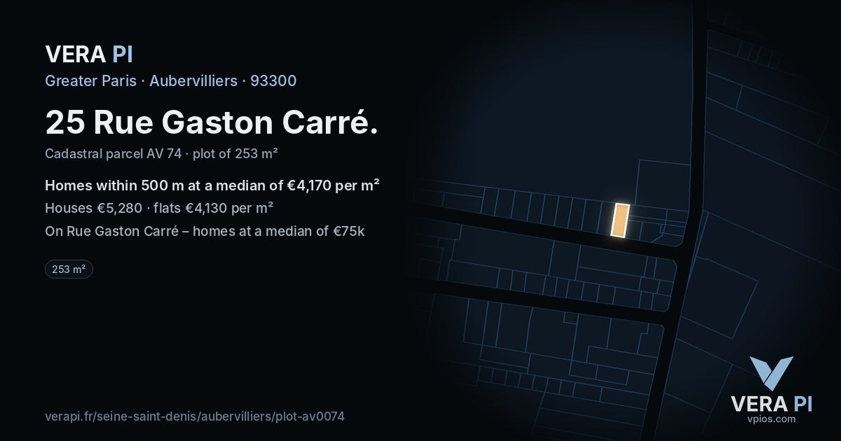 25 Rue Gaston Carré, Aubervilliers at night – the plot lit, the parcels around coloured by the prices near them