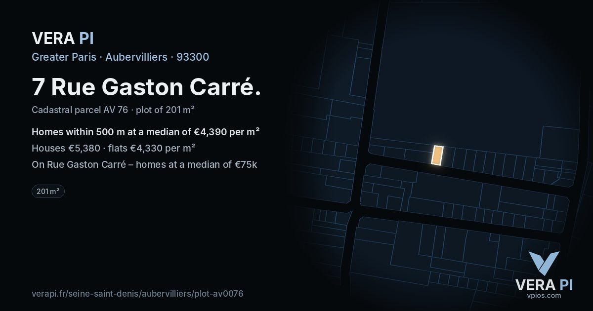 7 Rue Gaston Carré, Aubervilliers at night – the plot lit, the parcels around coloured by the prices near them