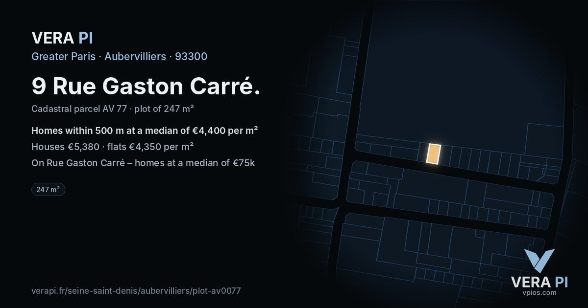 9 Rue Gaston Carré, Aubervilliers at night – the plot lit, the parcels around coloured by the prices near them