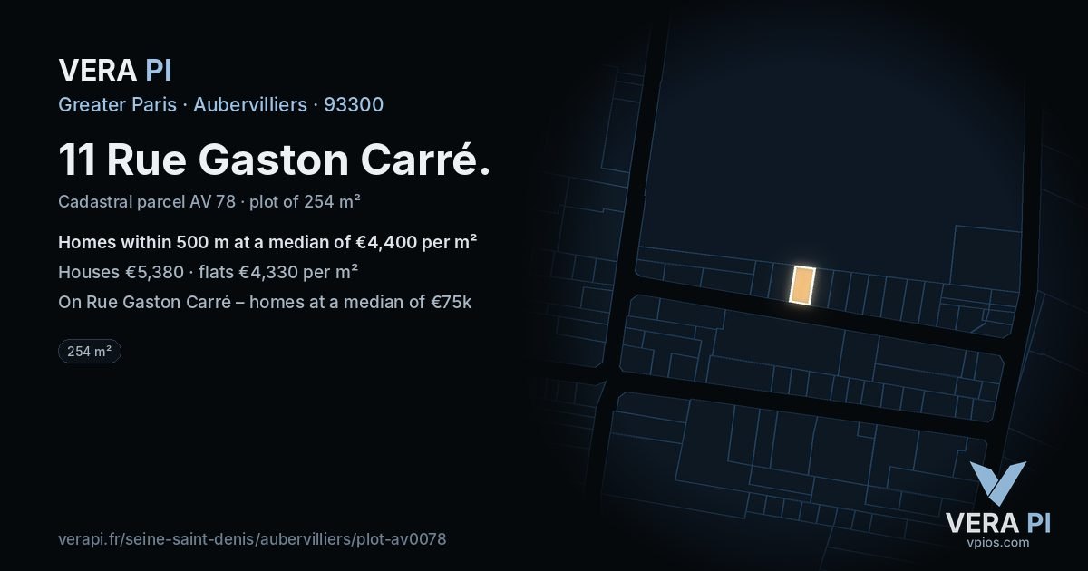 11 Rue Gaston Carré, Aubervilliers at night – the plot lit, the parcels around coloured by the prices near them