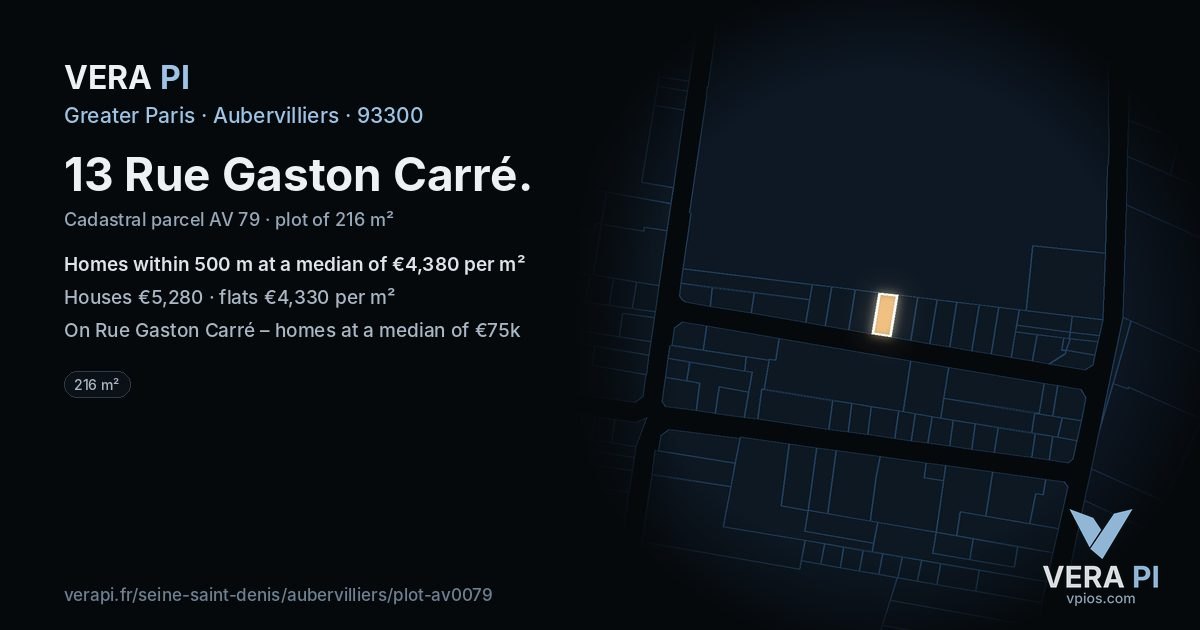 13 Rue Gaston Carré, Aubervilliers at night – the plot lit, the parcels around coloured by the prices near them