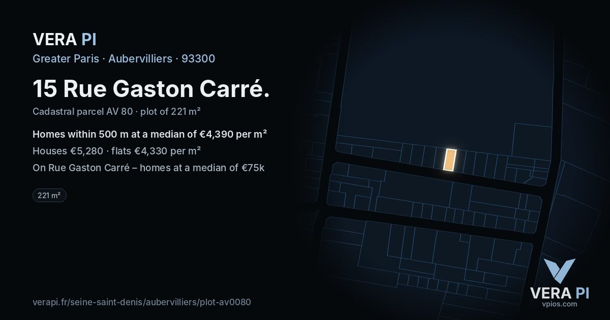 15 Rue Gaston Carré, Aubervilliers at night – the plot lit, the parcels around coloured by the prices near them
