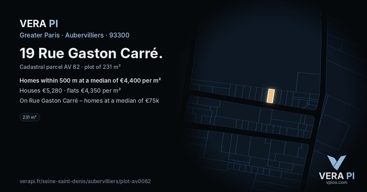 19 Rue Gaston Carré, Aubervilliers at night – the plot lit, the parcels around coloured by the prices near them