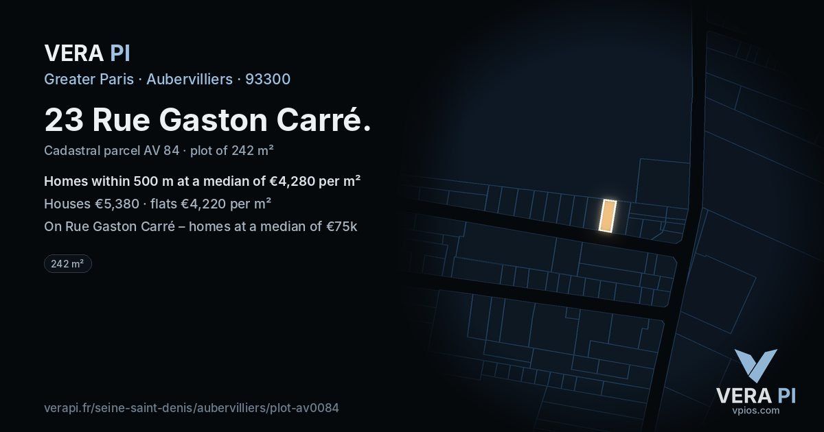 23 Rue Gaston Carré, Aubervilliers at night – the plot lit, the parcels around coloured by the prices near them