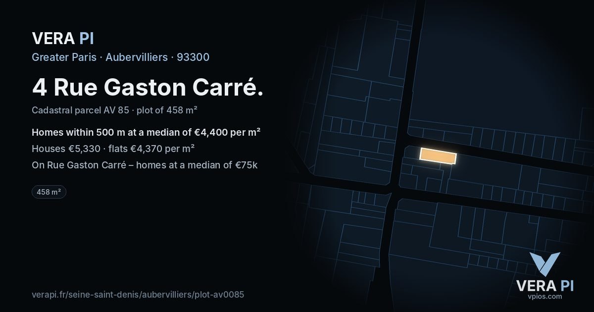4 Rue Gaston Carré, Aubervilliers at night – the plot lit, the parcels around coloured by the prices near them