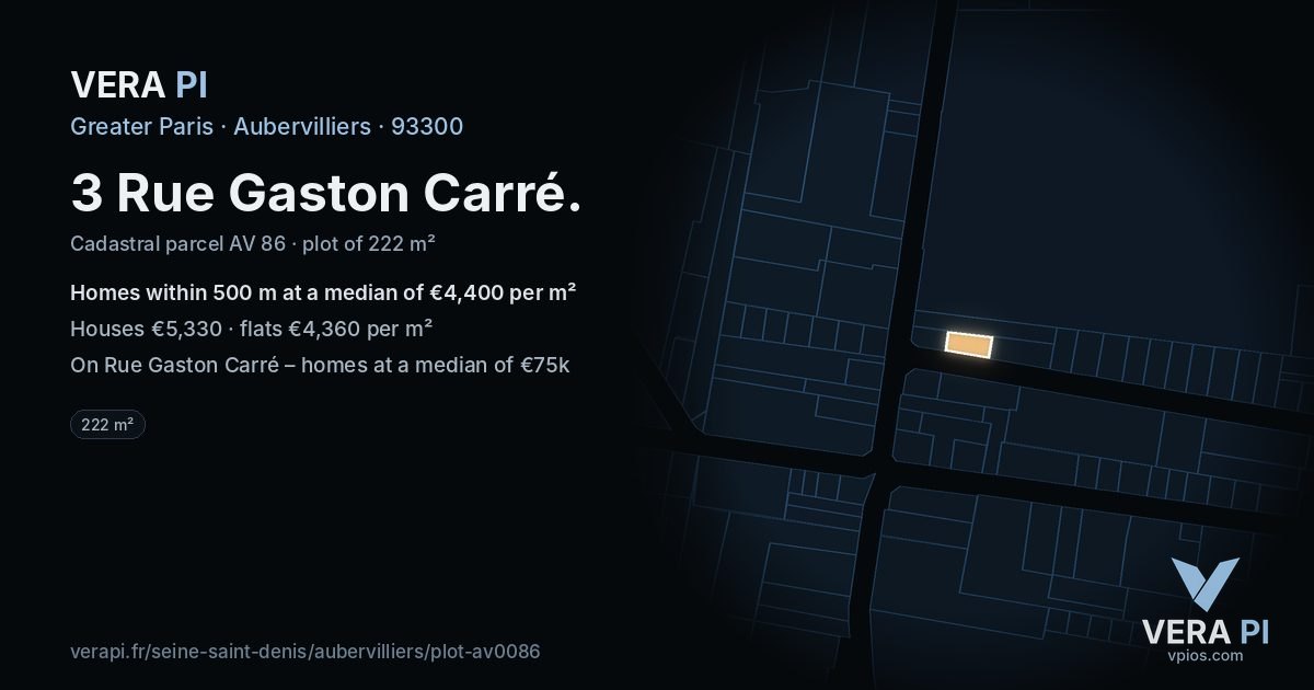 3 Rue Gaston Carré, Aubervilliers at night – the plot lit, the parcels around coloured by the prices near them