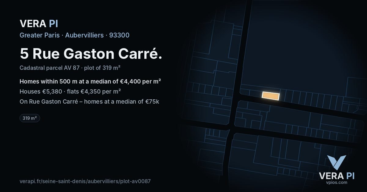 5 Rue Gaston Carré, Aubervilliers at night – the plot lit, the parcels around coloured by the prices near them