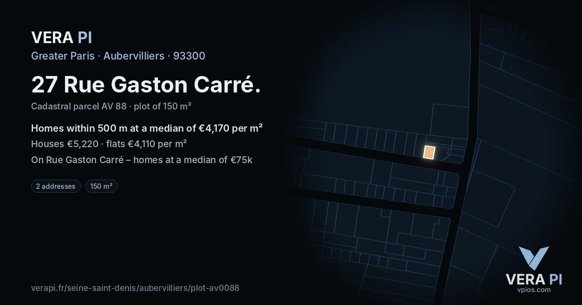 27 Rue Gaston Carré, Aubervilliers at night – the plot lit, the parcels around coloured by the prices near them