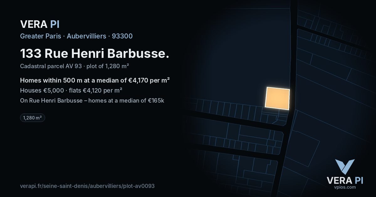 133 Rue Henri Barbusse, Aubervilliers at night – the plot lit, the parcels around coloured by the prices near them