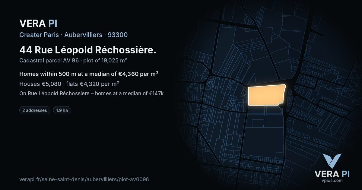 44 Rue Léopold Réchossière, Aubervilliers at night – the plot lit, the parcels around coloured by the prices near them