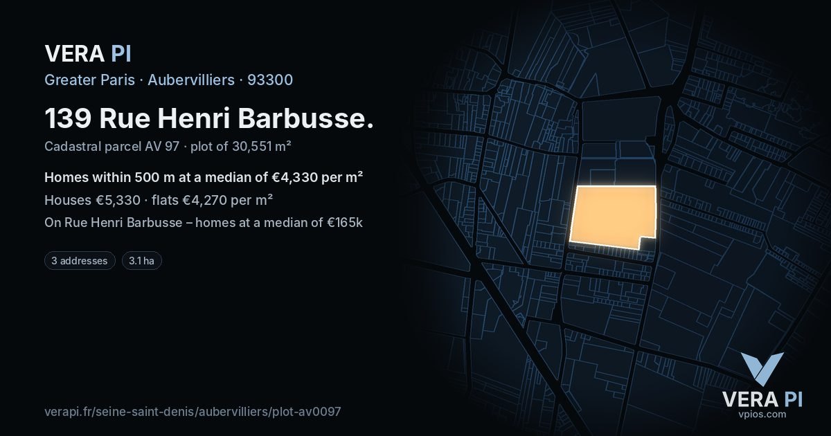 139 Rue Henri Barbusse, Aubervilliers at night – the plot lit, the parcels around coloured by the prices near them