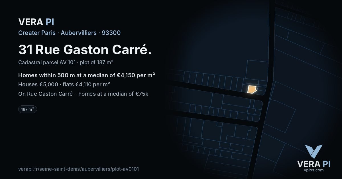 31 Rue Gaston Carré, Aubervilliers at night – the plot lit, the parcels around coloured by the prices near them