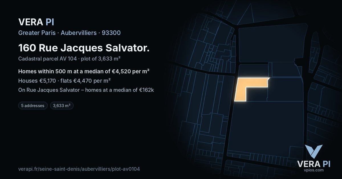 160 Rue Jacques Salvator, Aubervilliers at night – the plot lit, the parcels around coloured by the prices near them