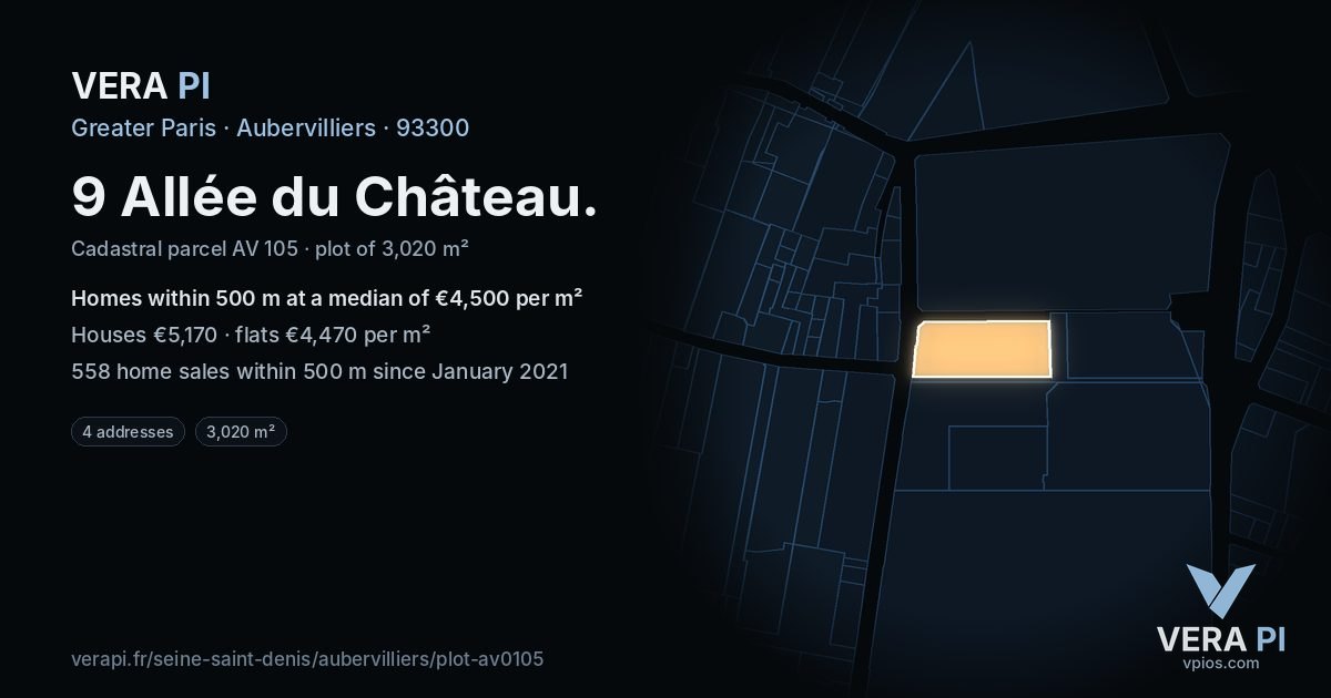 9 Allée du Château, Aubervilliers at night – the plot lit, the parcels around coloured by the prices near them