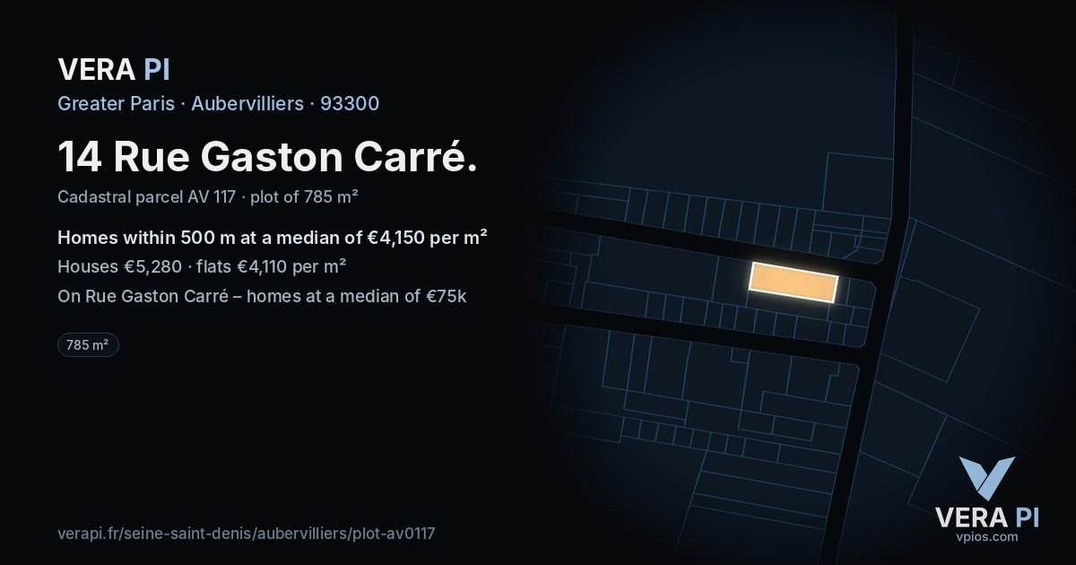 14 Rue Gaston Carré, Aubervilliers at night – the plot lit, the parcels around coloured by the prices near them