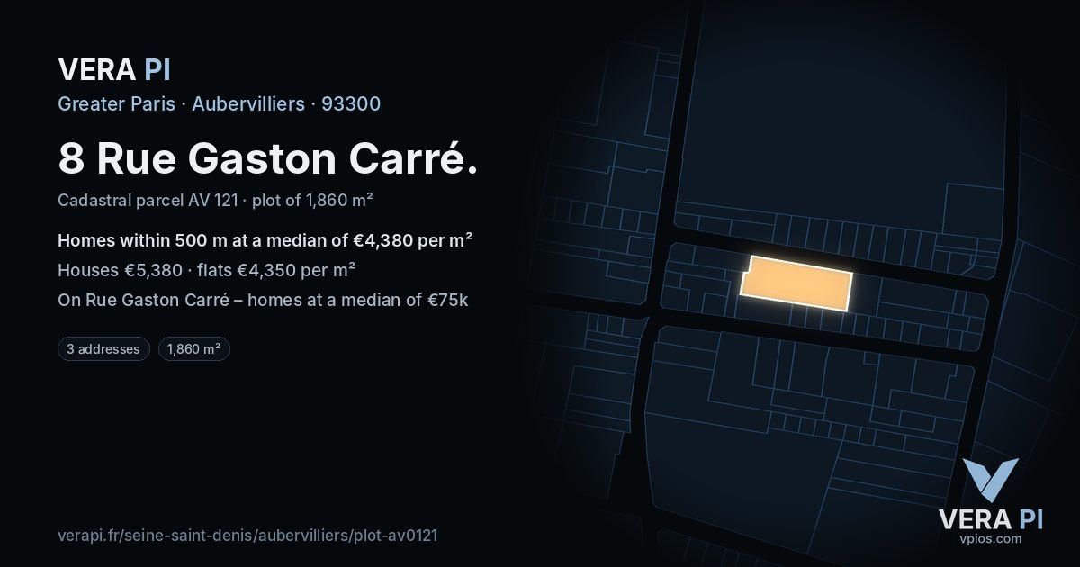 8 Rue Gaston Carré, Aubervilliers at night – the plot lit, the parcels around coloured by the prices near them