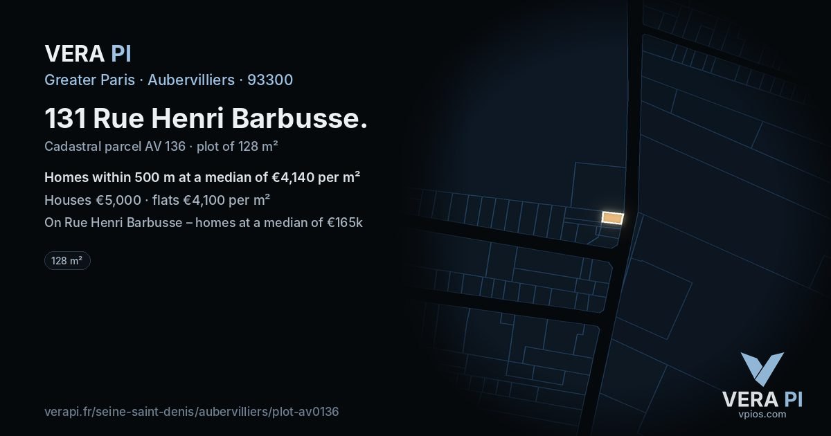 131 Rue Henri Barbusse, Aubervilliers at night – the plot lit, the parcels around coloured by the prices near them