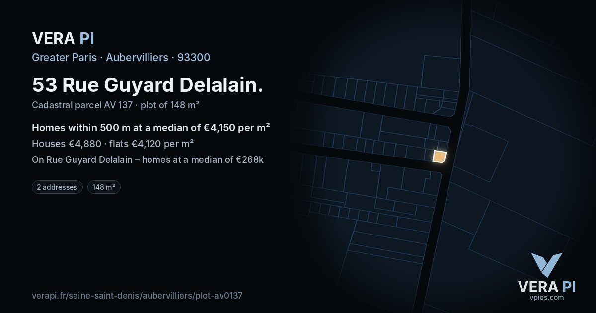 53 Rue Guyard Delalain, Aubervilliers at night – the plot lit, the parcels around coloured by the prices near them