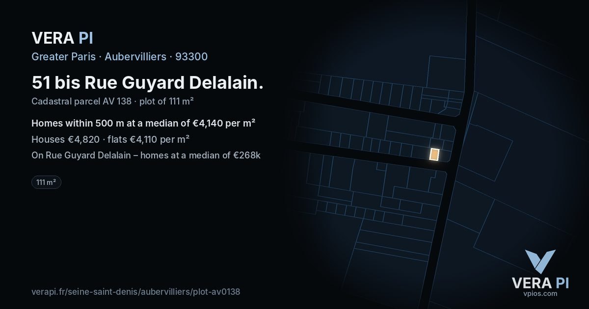 51 bis Rue Guyard Delalain, Aubervilliers at night – the plot lit, the parcels around coloured by the prices near them