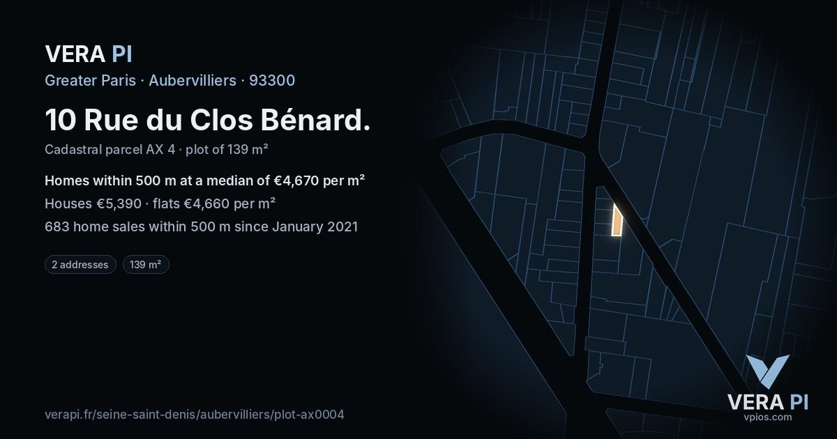10 Rue du Clos Bénard, Aubervilliers at night – the plot lit, the parcels around coloured by the prices near them