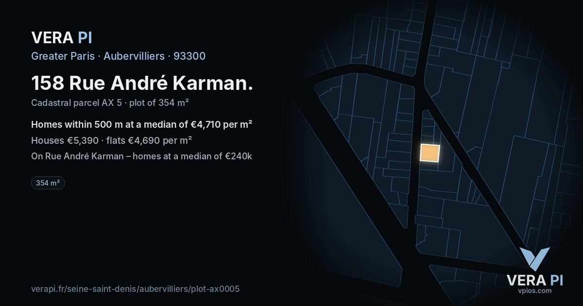 158 Rue André Karman, Aubervilliers at night – the plot lit, the parcels around coloured by the prices near them