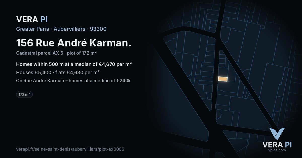 156 Rue André Karman, Aubervilliers at night – the plot lit, the parcels around coloured by the prices near them