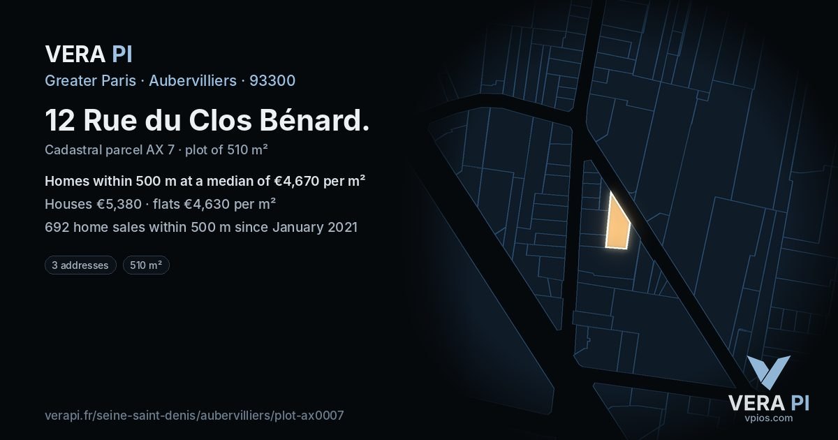 12 Rue du Clos Bénard, Aubervilliers at night – the plot lit, the parcels around coloured by the prices near them