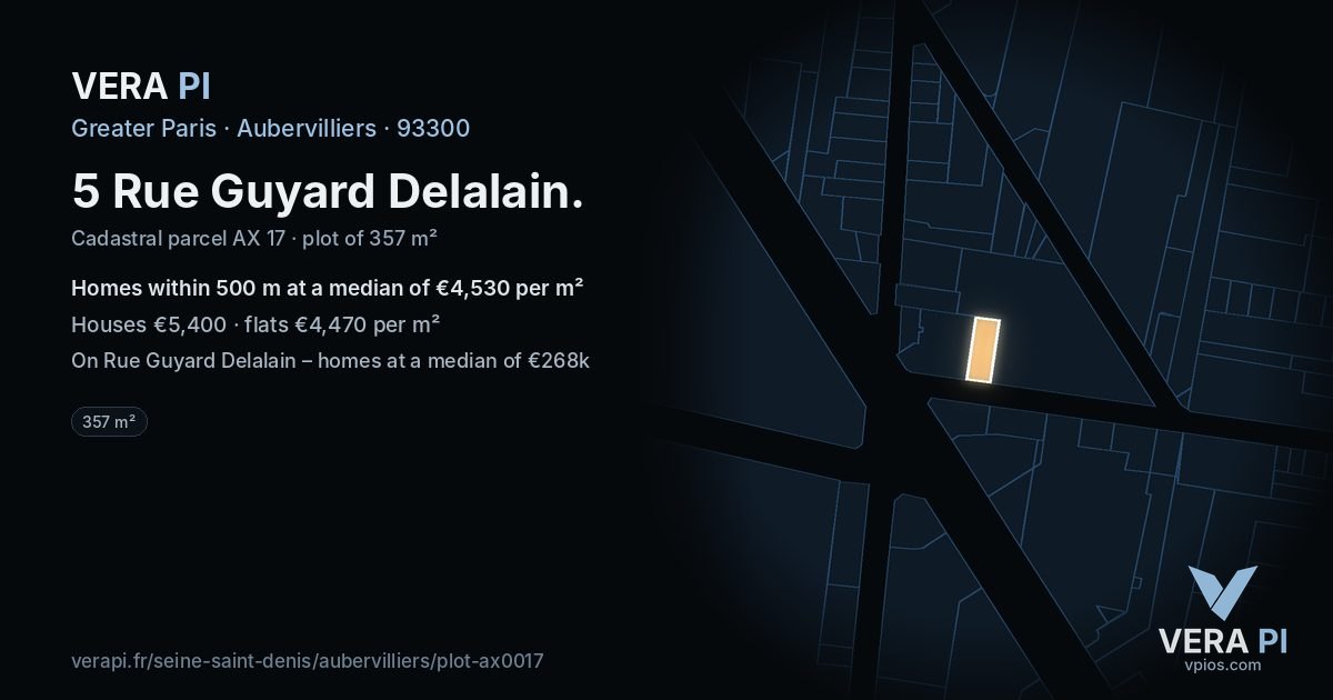 5 Rue Guyard Delalain, Aubervilliers at night – the plot lit, the parcels around coloured by the prices near them