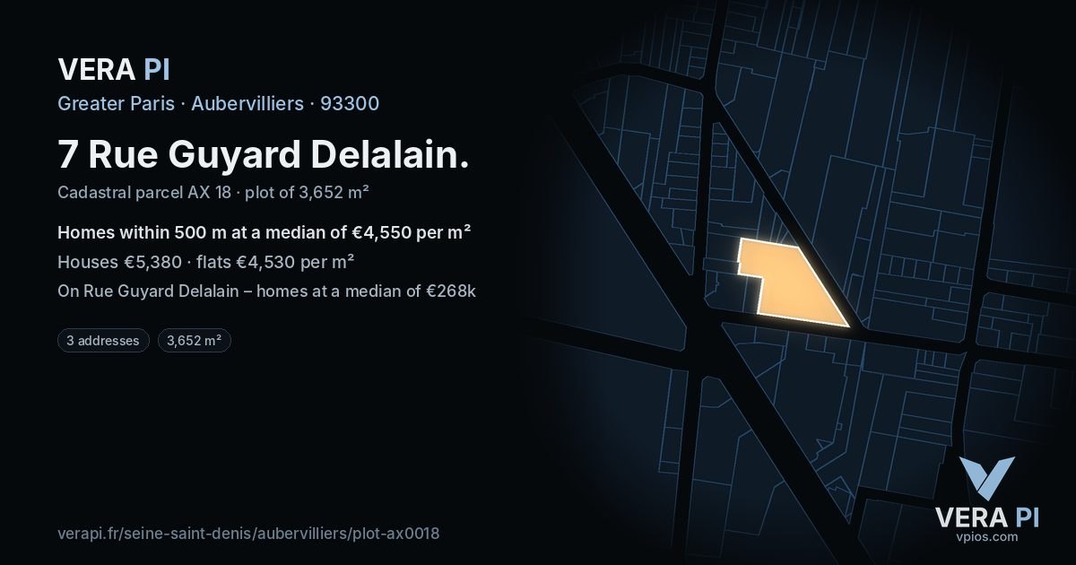 7 Rue Guyard Delalain, Aubervilliers at night – the plot lit, the parcels around coloured by the prices near them