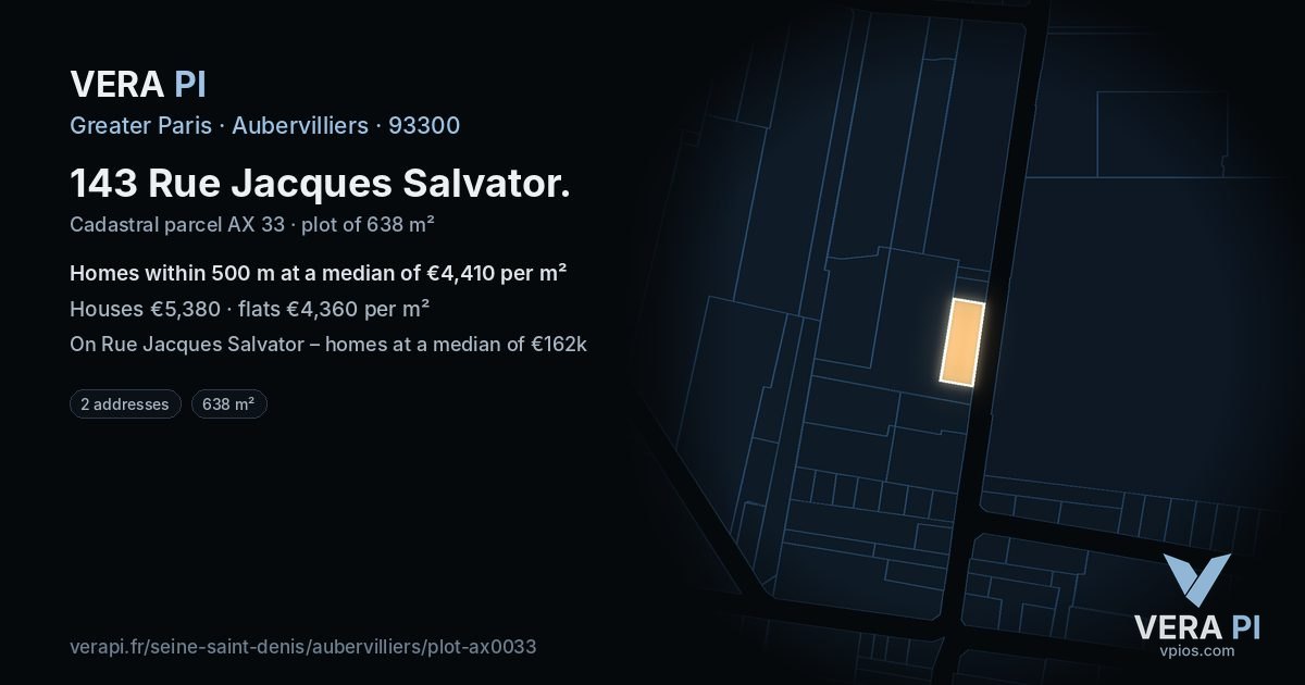 143 Rue Jacques Salvator, Aubervilliers at night – the plot lit, the parcels around coloured by the prices near them