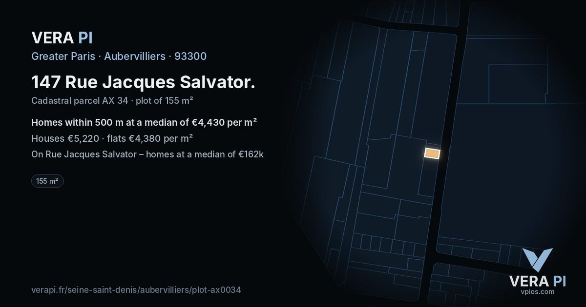 147 Rue Jacques Salvator, Aubervilliers at night – the plot lit, the parcels around coloured by the prices near them