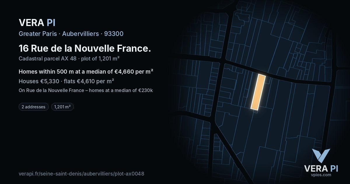 16 Rue de la Nouvelle France, Aubervilliers at night – the plot lit, the parcels around coloured by the prices near them