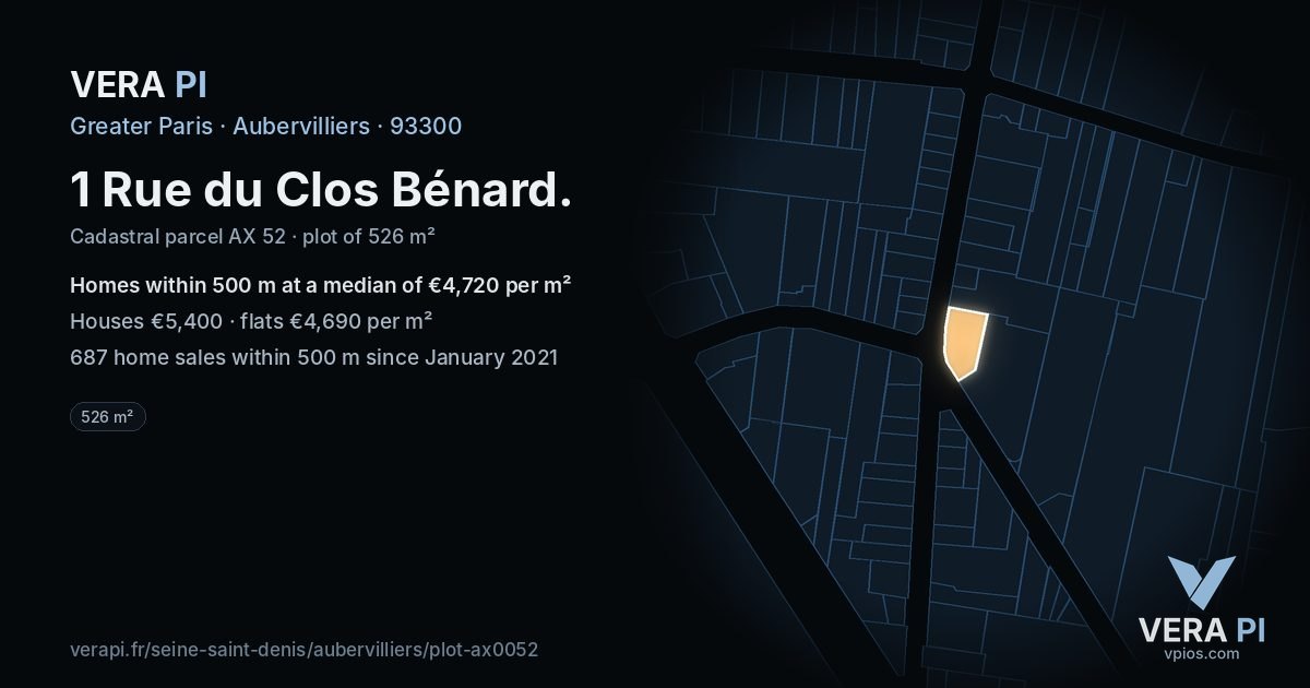 1 Rue du Clos Bénard, Aubervilliers at night – the plot lit, the parcels around coloured by the prices near them