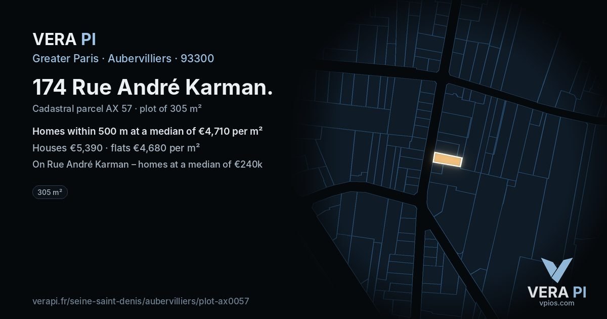 174 Rue André Karman, Aubervilliers at night – the plot lit, the parcels around coloured by the prices near them