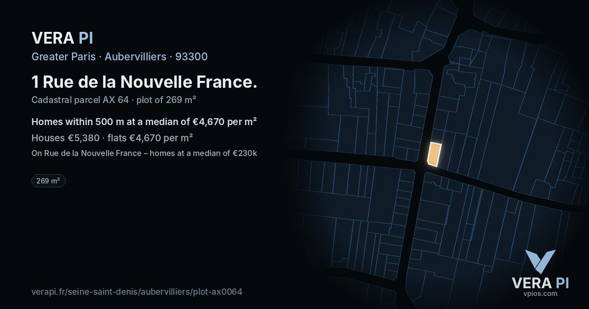 1 Rue de la Nouvelle France, Aubervilliers at night – the plot lit, the parcels around coloured by the prices near them