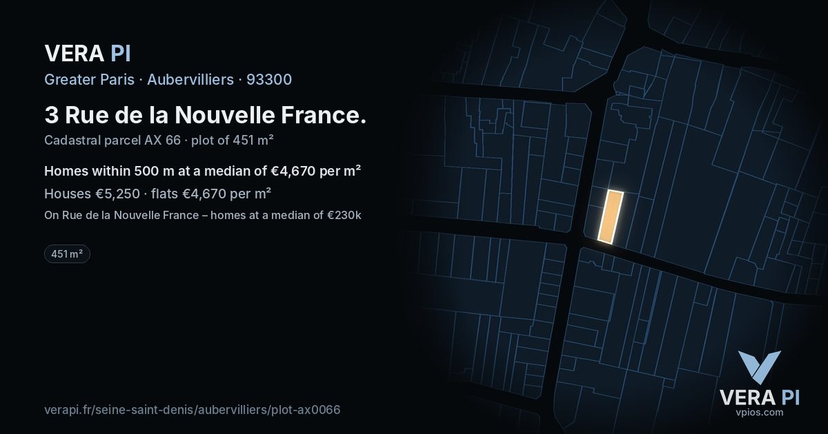 3 Rue de la Nouvelle France, Aubervilliers at night – the plot lit, the parcels around coloured by the prices near them