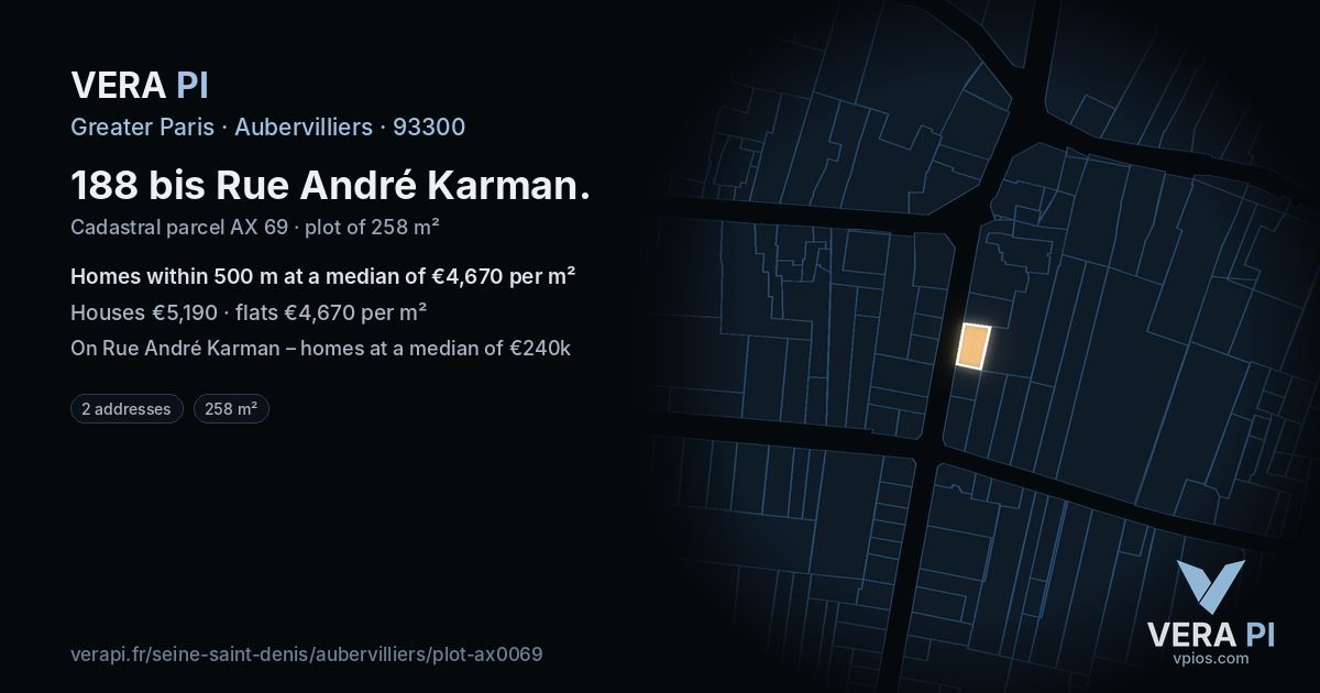 188 bis Rue André Karman, Aubervilliers at night – the plot lit, the parcels around coloured by the prices near them