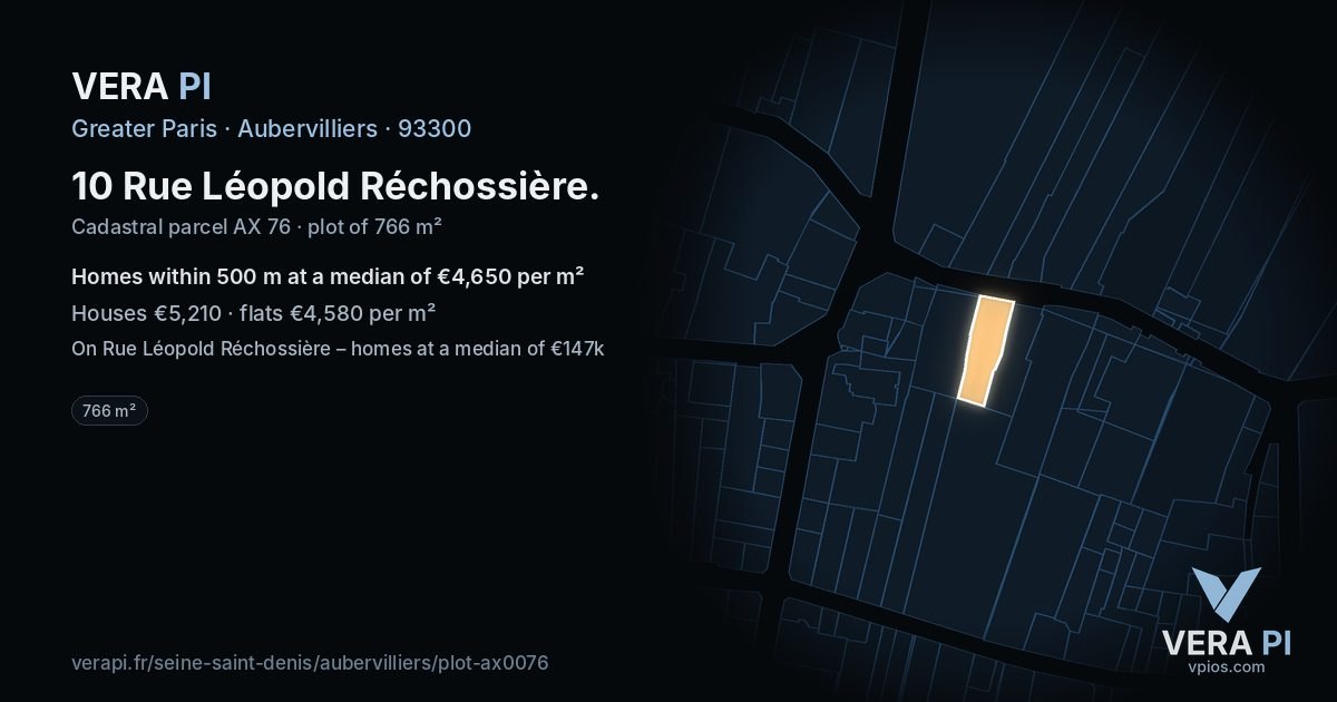 10 Rue Léopold Réchossière, Aubervilliers at night – the plot lit, the parcels around coloured by the prices near them