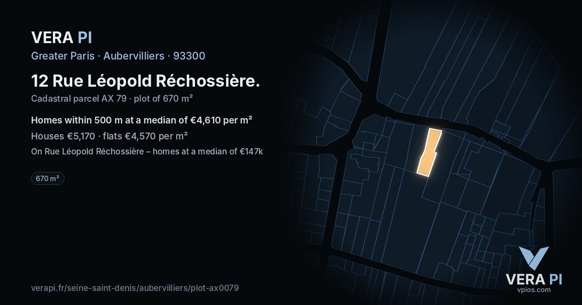 12 Rue Léopold Réchossière, Aubervilliers at night – the plot lit, the parcels around coloured by the prices near them