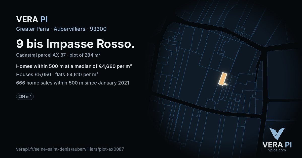 9 bis Impasse Rosso, Aubervilliers at night – the plot lit, the parcels around coloured by the prices near them