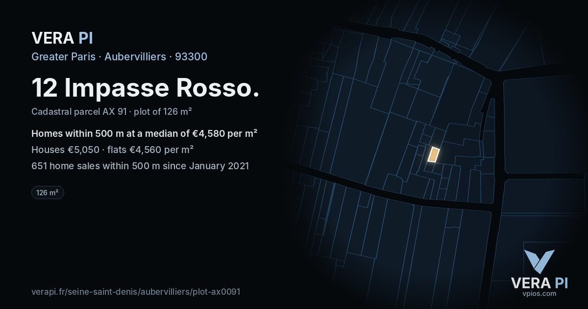 12 Impasse Rosso, Aubervilliers at night – the plot lit, the parcels around coloured by the prices near them