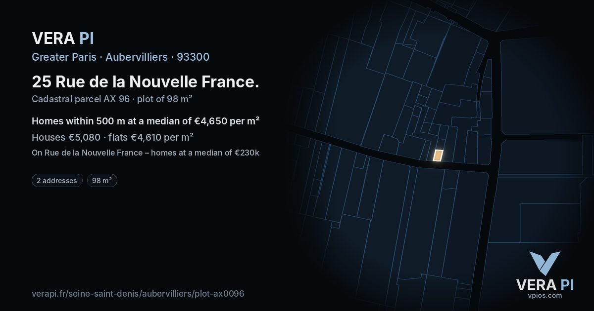 25 Rue de la Nouvelle France, Aubervilliers at night – the plot lit, the parcels around coloured by the prices near them