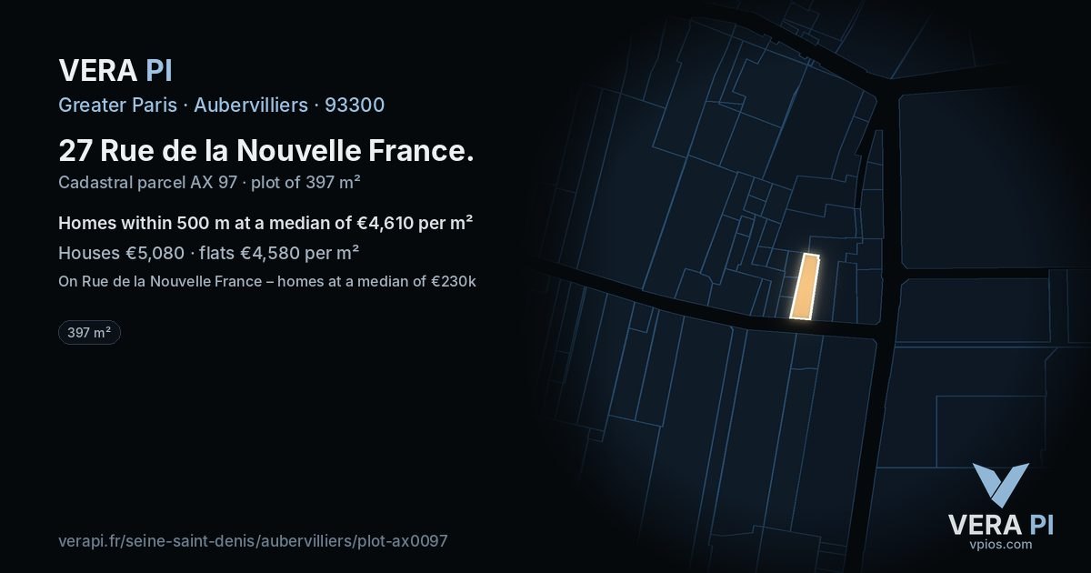 27 Rue de la Nouvelle France, Aubervilliers at night – the plot lit, the parcels around coloured by the prices near them