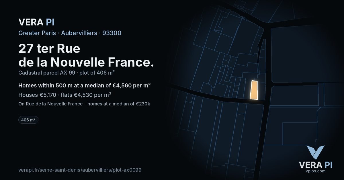 27 ter Rue de la Nouvelle France, Aubervilliers at night – the plot lit, the parcels around coloured by the prices near them
